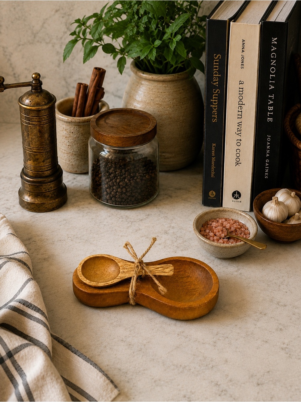 Wood Salt Pepper Cellar with Spoon Double Bowl Hand Carved Condiment Spice Dish